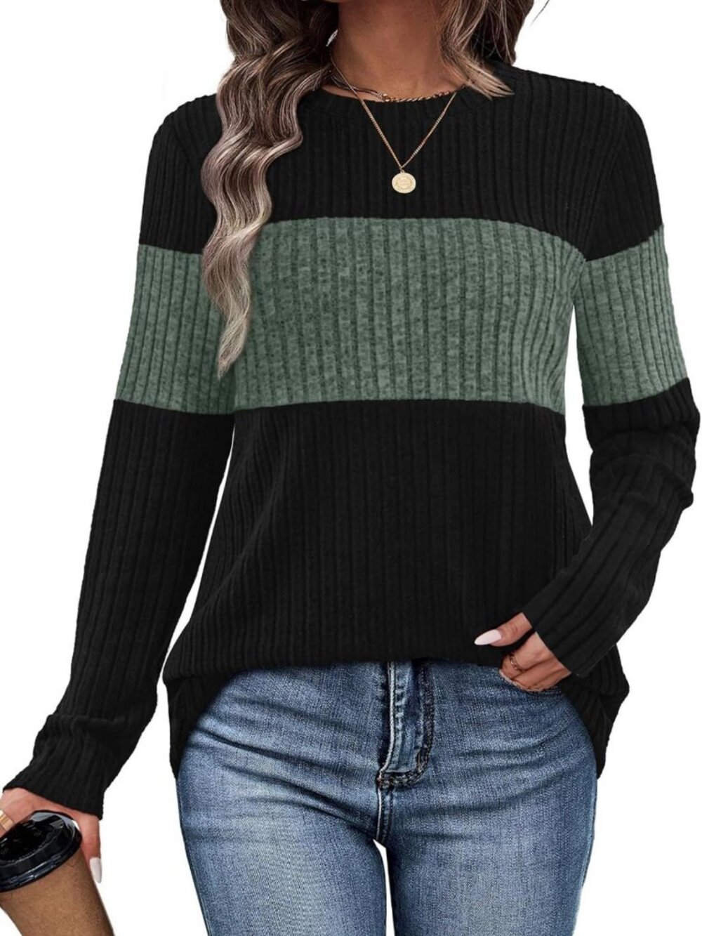 Trendy Color Block Long Sleeve Sweater Top for Fall & Winter Outfits 2026